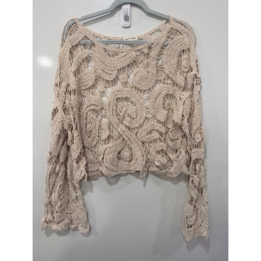 Aaron & Amber Cream Crochet Knit Top Paisley Floral Boho Long Sleeve MAT4071 L